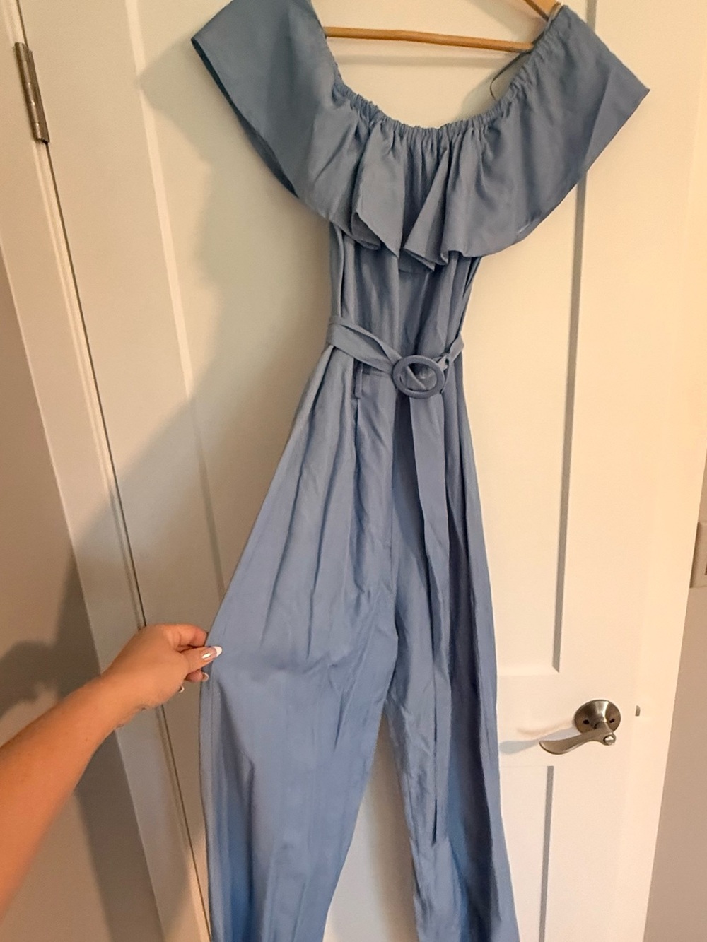 Light Blue Off-Shoulder Jumpsuit with Belt